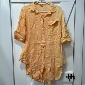 Milio Milano Womens Tunic Top Small Linen Italy Orange Gauzy Tab Henley Boho